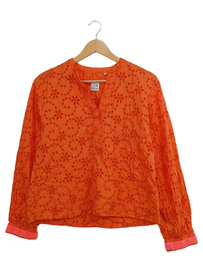 Emily van den Bergh Bluse Damen S 36 Orange Lochmuster Stickerei Boho Baumwolle