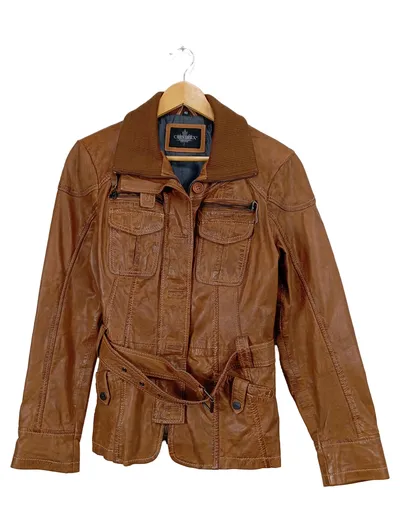 Chevirex Damen Lederjacke Braun Gr. 40 Echtleder Gürtel Vintage Look