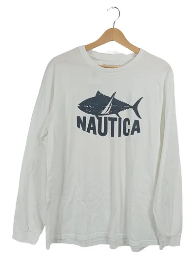 Nautica Langarmshirt Herren Gr. 50/L Weiß Baumwolle Fisch Logo Print Maritim