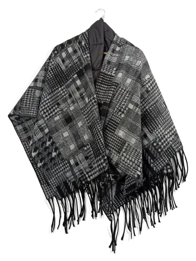 Frieda & Freddies Damen Poncho Cape Überwurf Kariert Fransen Grau One Size