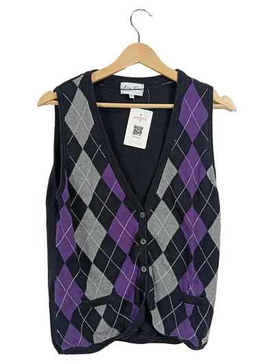 Lisa Tossa Damen Pullunder Argyle Strickweste Gr. M/38 Lila Schwarz Grau