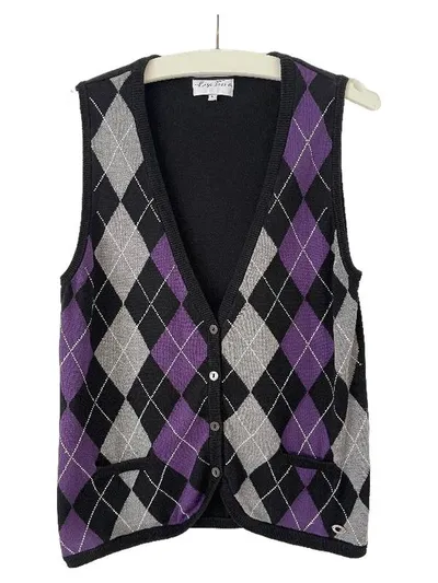 Lisa Tossa Damen Pullunder Argyle Strickweste Gr. M/38 Lila Schwarz Grau