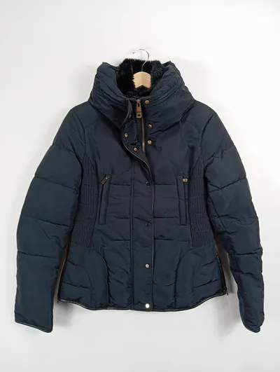 Zara Basic Damen Steppjacke Gr. 38 Blau Winterjacke Kunstfellkragen Casual