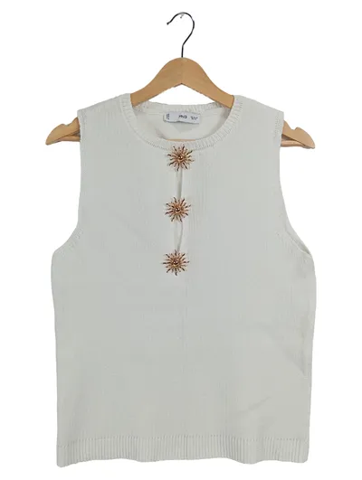 Mango MNG Damen Pullunder Strickweste Gr. 38/M Weiß Sonnen-Knöpfe