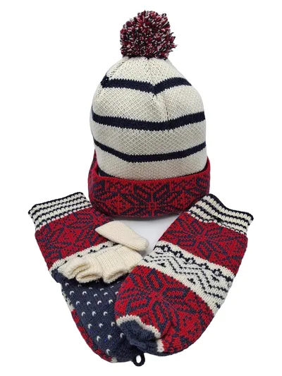 Lands' End Mützen Set Norwegermuster Strick Polyacryl Damen Mehrfarbig