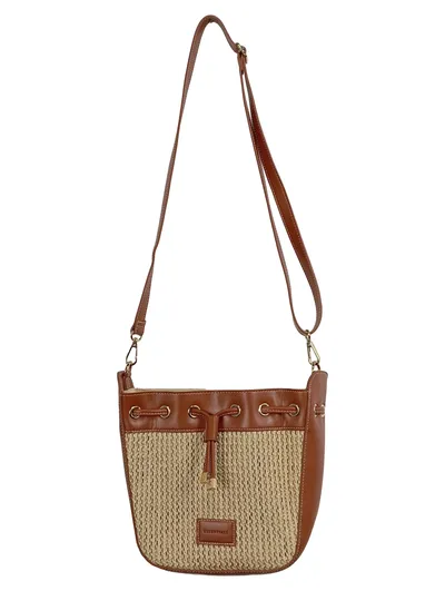 Essentials Damen Beuteltasche Stroh Lederimitat Beige Braun Crossbody Tasche