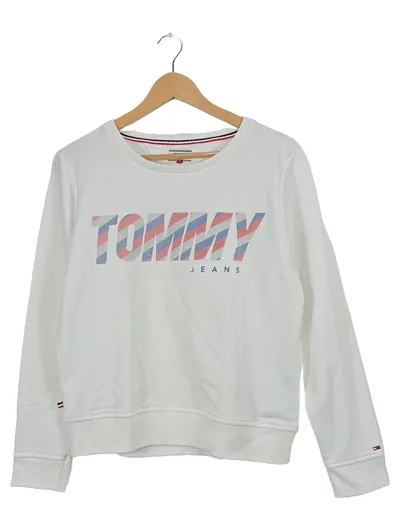 Tommy Jeans Sweatshirt Damen Pullover Gr. 38 M Weiß Logo Print Baumwoll-Mix