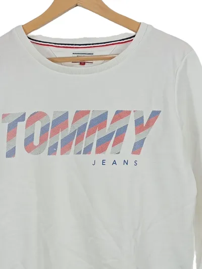 Tommy Jeans Sweatshirt Damen Pullover Gr. 38 M Weiß Logo Print Baumwoll-Mix