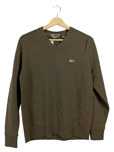 Napapijri Pullover Herren V-Ausschnitt Gr. M Oliv Wolle Strickpullover Logo