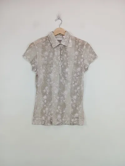 Daily Sports Damen Poloshirt Gr. 38/M Beige Sportlich Blumenmuster Kurzarm