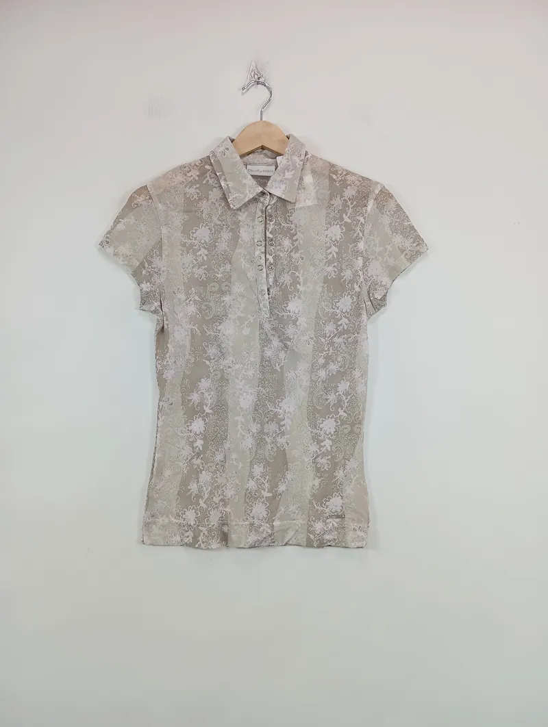 Daily Sports Damen Poloshirt Gr. 38/M Beige Sportlich Blumenmuster Kurzarm 2