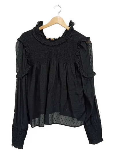 ZARA Damen Bluse Gr. S Schwarz Rüschen Smok Plumetis Langarm
