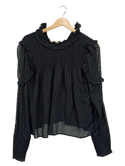 ZARA Damen Bluse Gr. S Schwarz Rüschen Smok Plumetis Langarm