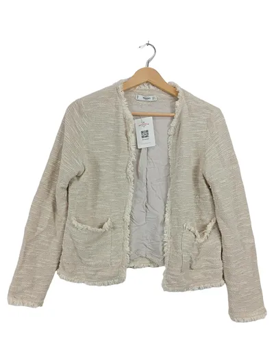 MANGO Suit Damen Tweed Strickjacke Blazer Beige Fransen Gr. M 38