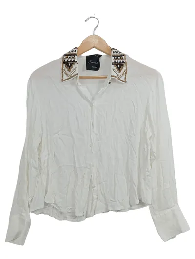 Souvenir Privée Damen Bluse Gr. 38 Weiß Perlen Stickerei Kragen