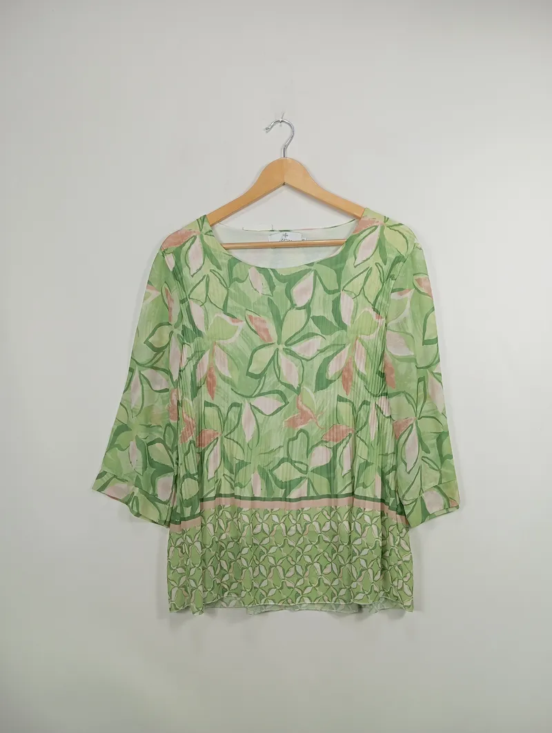CAROLINA CAVOUR Bluse Damen Blumenmuster Gr. 38/M 3/4 Arm Falten Grün 3