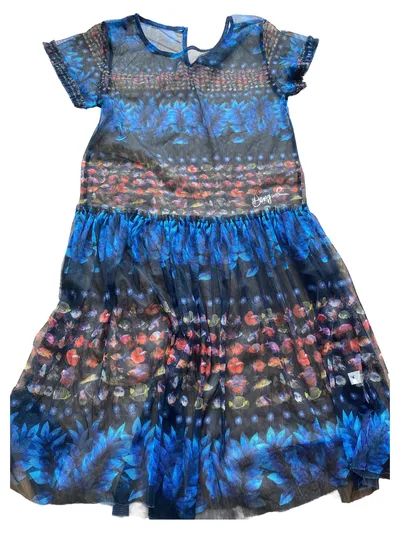 Desigual Mädchen Mesh Kleid Blumenmuster Blau Gr. 152/XS
