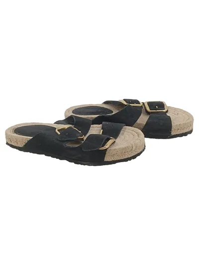 Tamaris Damen Espadrilles Sandalen Gr. 39 Schwarz Leder Schnallen Gold