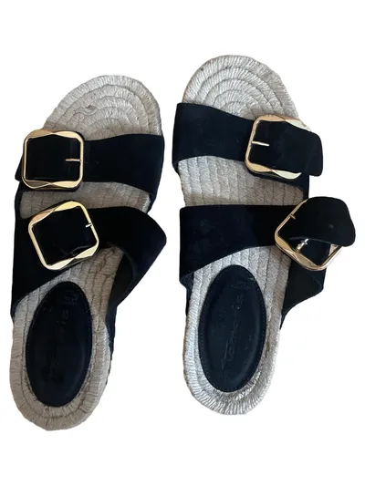 Tamaris Damen Espadrilles Sandalen Gr. 39 Schwarz Leder Schnallen Gold