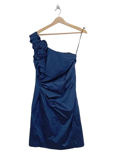 Marie Blanc Abendkleid One-Shoulder Blau Gr. 38 Rüschen Blumenapplikation
