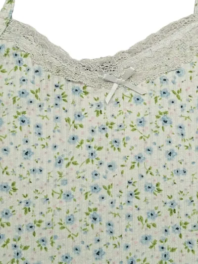 Brandy Melville Top Damen Gr. S/36 Blumen Spitze Weiß Blau