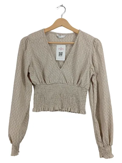 ONLY Damen Langarmshirt Strukturmuster Beige Gr. M Raffung Casual