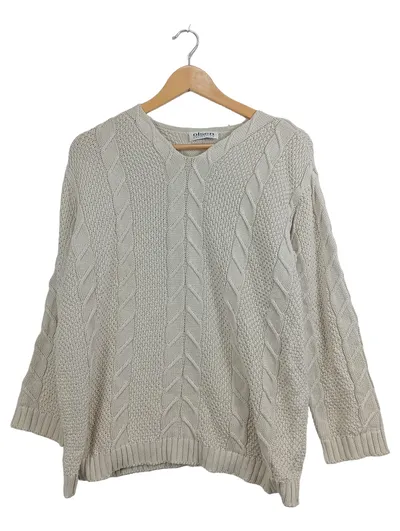 Olsen Strickpullover Damen Gr. 40 Beige V-Ausschnitt Zopfmuster Baumwolle Mix