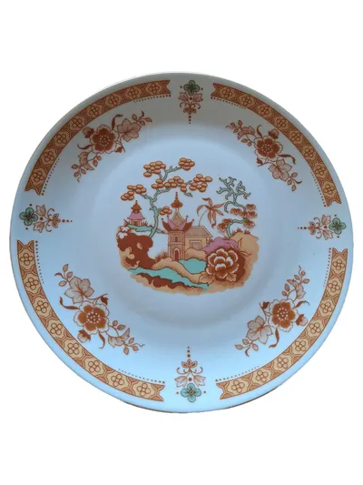 Graf von Henneberg Wandteller Porzellan Vintage Rund 19cm Landschaft Blumen