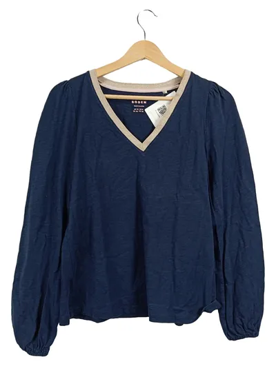Boden Damen Langarmshirt Gr. 36 Blau V-Ausschnitt Glitzer Borte Raffung Casual