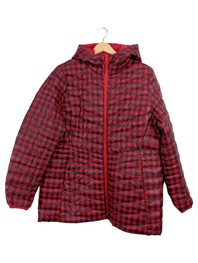 LANDS' END Damen Steppjacke kariert Rot Gr. 40/L Kapuze Freizeit
