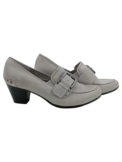 Tamaris Damen Slipper Mokassins Gr. 38 Grau Leder Absatz Schnalle Elegant