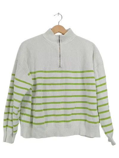 MANGO Damen Pullover Gestreift Troyer Reißverschluss Rippstrick Weiß Gr. 38;M