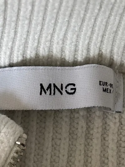 MANGO Damen Pullover Gestreift Troyer Reißverschluss Rippstrick Weiß Gr. 38;M