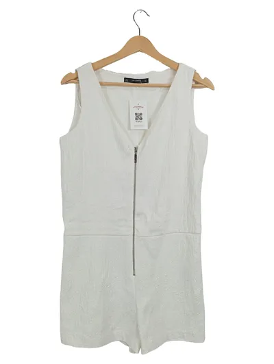 ZARA Basic Damen Jumpsuit Kurz Weiß Gr. S Reißverschluss V-Ausschnitt