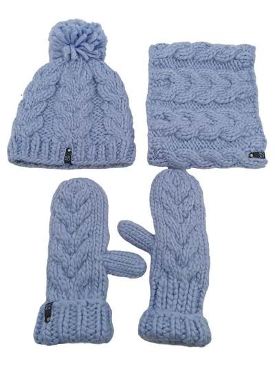 ROXY Damen Strick-Set Mütze Schlauchschal Fäustlinge Blau Zopfmuster