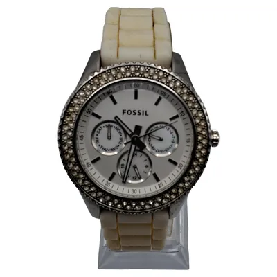 Fossil Stella Damenuhr Beige Silikon Armband Strass Chronograph Elegant