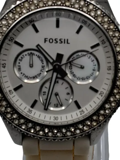 Fossil Stella Damenuhr Beige Silikon Armband Strass Chronograph Elegant