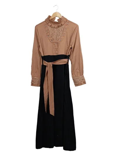 Damen Festliches Kleid Langarm Spitze Camel Schwarz Gr. 46 Elegant Maxikleid