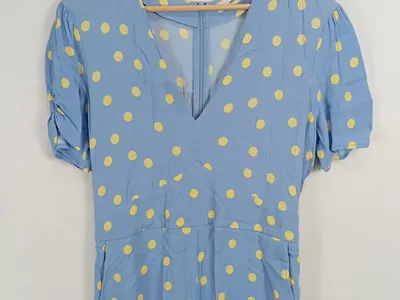 MANGO Damen Jumpsuit Gr. 38/M Blau Gelb Polka Dots V-Ausschnitt