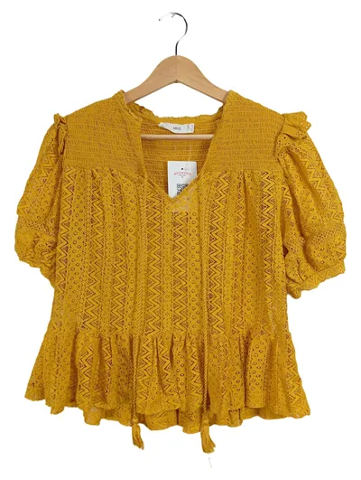 MANGO Damen Bluse M 38 Gelb Spitze Lochstickerei Boho Rüschen