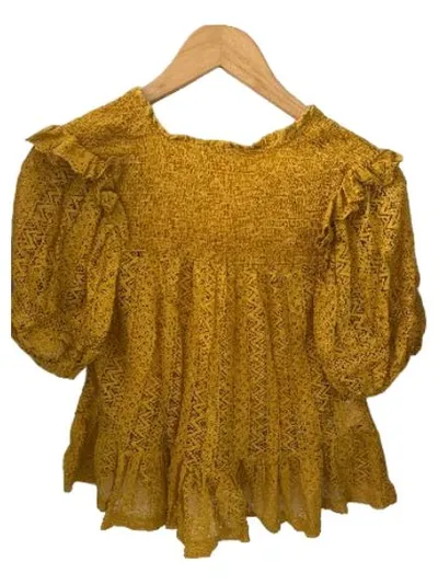 MANGO Damen Bluse M 38 Gelb Spitze Lochstickerei Boho Rüschen