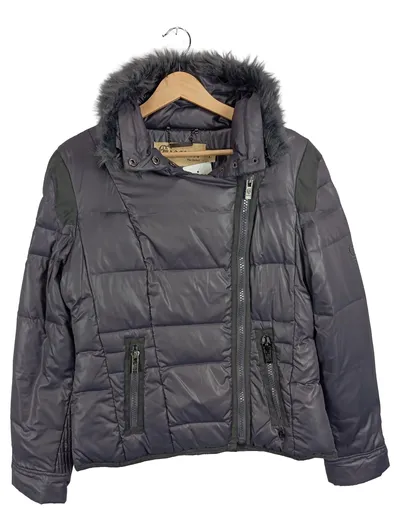 Giacomo Steppjacke Damen Gr. 40 L Grau Winterjacke Kapuze Fellbesatz Biker