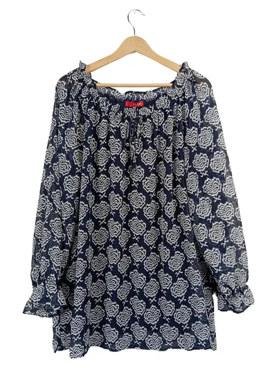 Thea Damen Bluse Langarm Gr. 46 Blau Floral Boho Tunika