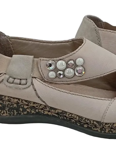 Rieker Damen Slipper Gr. 38 Beige Komfortschuhe Strasssteine Leder