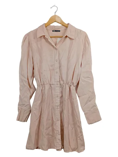 ZARA Damen Blusenkleid Rosa Gr. 36/S Casual Polyester Hemdblusenkleid