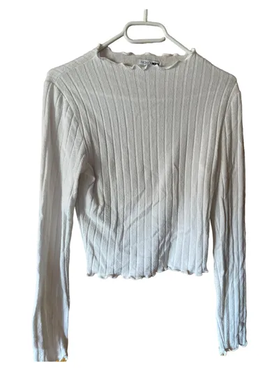 FashionNova Damen Langarmshirt Gr. 36/S Rippstrick Weiß Casual
