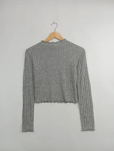 FashionNova Damen Rippstrick Pullover Langarmshirt Grau Gr. S Modisch
