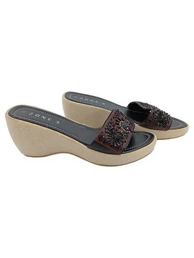 Damen Pantoletten Keilabsatz Gr. 38 Schwarz Strass Perlen Elegant