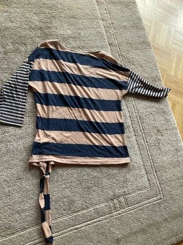 NEXT Damen T-Shirt Gr. 38 Gestreift Blau Beige Knotensaum Casual