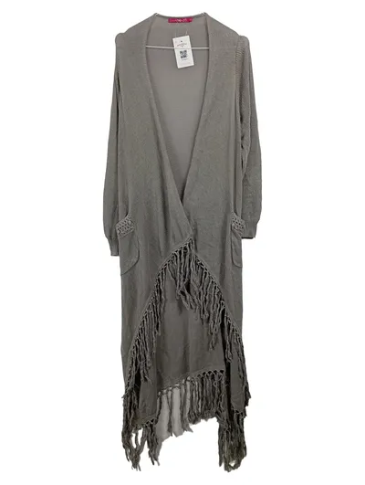 Cream Damen Strickjacke Cardigan Fransen Gürtel Grau Gr. XS Boho